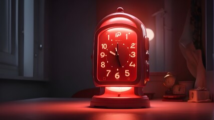 It was seven in the morning. Red alert light on the clock. - obrazy, fototapety, plakaty