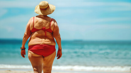 Mature obese woman in red bikini walking on sandy beach towards ocean, summer people lifestyle, vacation concept, blue ocean and sky background