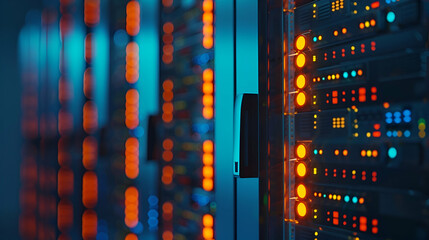 
High-Performance Computing server rack in a university lab, dark background, light orange and blue highlights in the center - obrazy, fototapety, plakaty