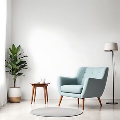 Interior of a bright living room with armchair on empty white wall background.