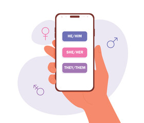 A person chooses a gender pronoun in app in a smartphone. Hand holding modern smartphone
