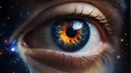 close-up of a young woman's eye in a galaxy far, far away. Humanity and its position in the universe - obrazy, fototapety, plakaty