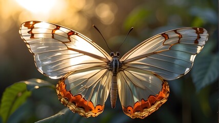 gorgeous transparent tropical butterfly against a backdrop of the setting sun - obrazy, fototapety, plakaty