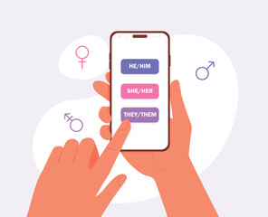 A person chooses a gender pronoun in a smartphone. Hand holding modern smartphone