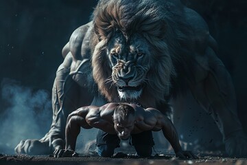 Fototapeta premium Muscular Man in Push-Up Position With A Lion Behind Him