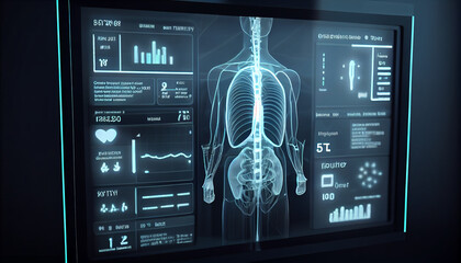 Portrait of surprised skeleton standing concept. human skeletons. Healthcare and medicine, Human, Modern interface screen on laboratory background, Ai generated