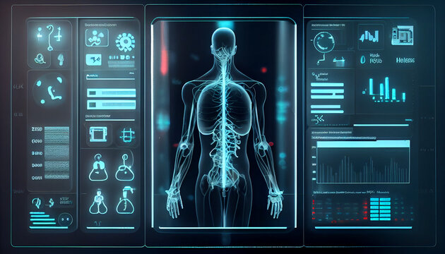 Portrait of surprised skeleton standing concept. human skeletons. Healthcare and medicine, Human, Modern interface screen on laboratory background, Ai generated - Powered by Adobe