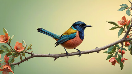 Obraz premium Enchanting bird perched on a branch. Pastel background. Generative AI.