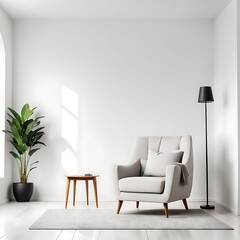 Interior of a bright living room with armchair on empty white wall background.