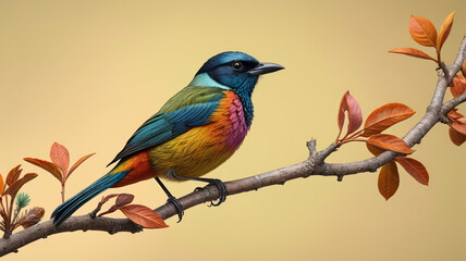 Enchanting bird perched on a branch. Pastel background. Generative AI.

