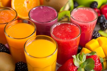 Colorful smoothies and fruit juice in glasses on the table, closeup. healthy food concept. Ai generated