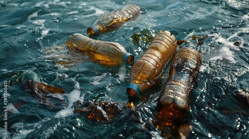 Poster Empty bottles floating in the water, suitable for environmental concepts