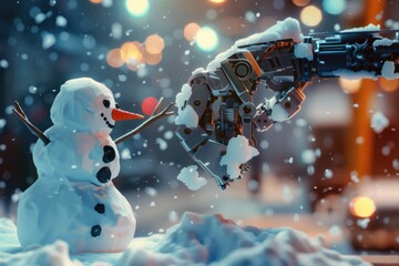 Snowman holding a gun, suitable for winter or dangerous themes - obrazy, fototapety, plakaty