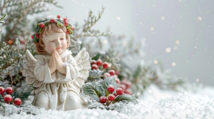 A serene angel statue praying in a snowy landscape. Perfect for religious themes or winter concepts