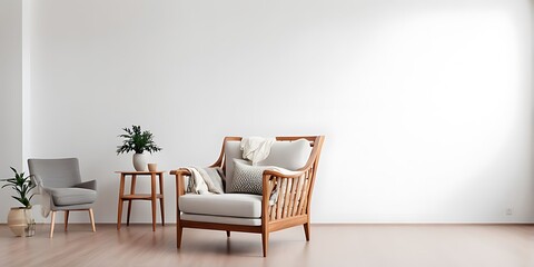 Interior of a bright living room with armchair on empty white wall background.