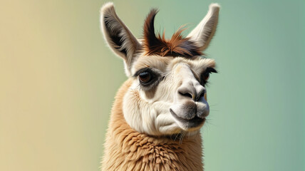 Fototapeta premium Beautiful llama on a pastel background. The llama has a lot of fur. Generative AI.