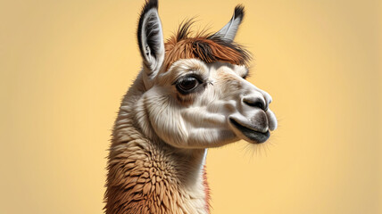 Obraz premium Beautiful llama on a pastel background. The llama has a lot of fur. Generative AI.