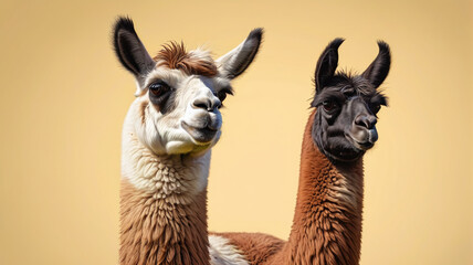 Obraz premium Beautiful llama on a pastel background. The llama has a lot of fur. Generative AI.