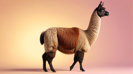 Beautiful llama on a pastel background. The llama has a lot of fur. Generative AI.

