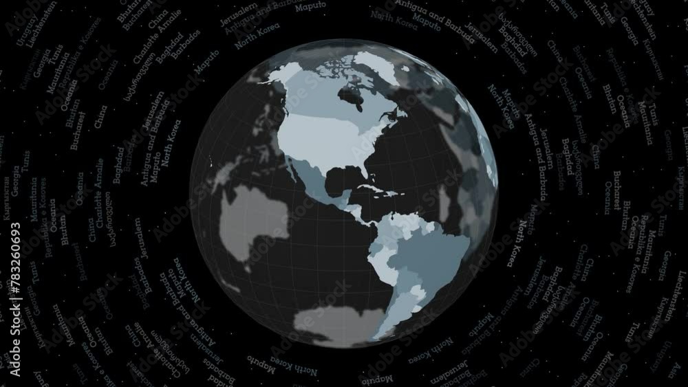 Poster rotating globe. dark translucent globe with round geographical names text. astonishing spinning plan