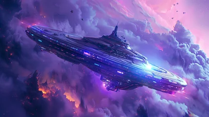 Fotobehang Illustrate a futuristic alien spacecraft hovering in a neon-lit sky, radiating a mysterious glow Render in CG 3D with intricate details and dramatic lighting for a captivating scene © Tee