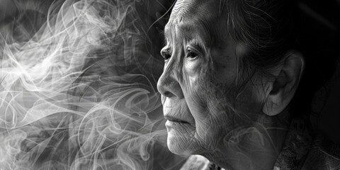 A black and white photo of a woman smoking. Suitable for tobacco awareness campaigns