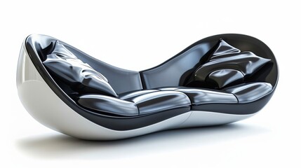 Futuristic sofa chair, innovative design, isolate on white, glossy finish, dramatic lighting.