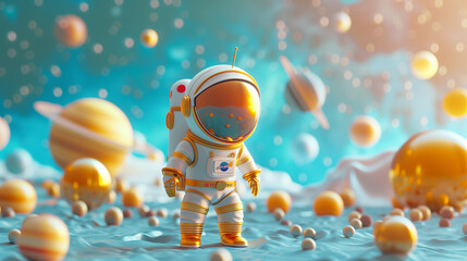 3d render style pastel blue and gold cosmonaut next to the rocket with planets and stars