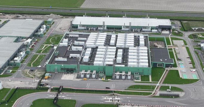 Tech giant operational data center building facility in Middenmeer, Hollands Kroon, the province of North Holland, The Ntherlands. Cloud and internet infrastructure, storage of data, information