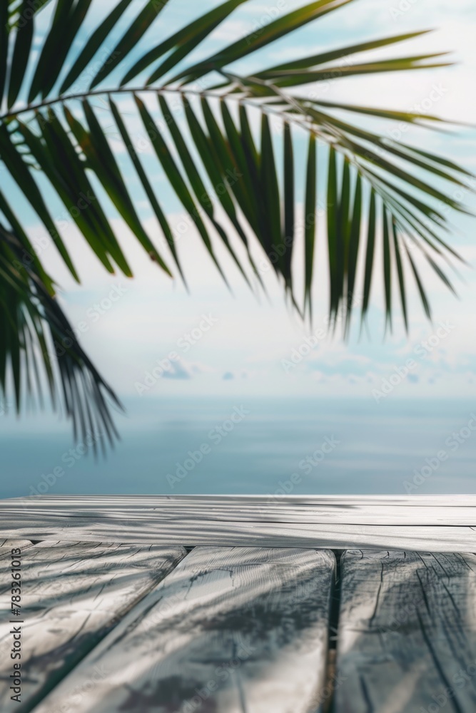 Poster A peaceful scene of a palm tree on a wooden deck. Ideal for travel and relaxation concepts