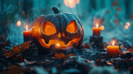 Halloween pumpkin head jack lantern with burning candles, Spooky Forest with a full moon