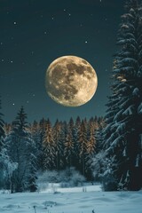 A captivating image of a full moon rising over a serene snowy forest. Perfect for winter and nature-themed projects