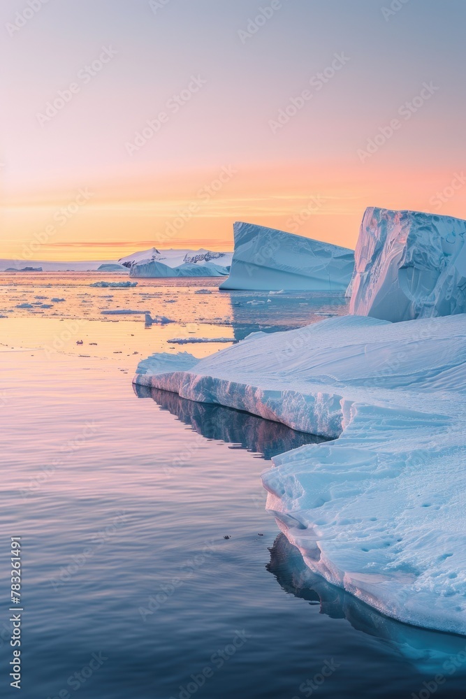Poster a group of icebergs floating on top of a body of water. suitable for various nature-themed designs
