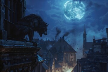 A cat standing on a ledge in front of a full moon. Suitable for pet lovers and Halloween themes