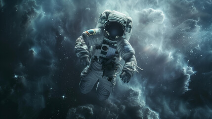 Single astronaut floating in space with dust and stars