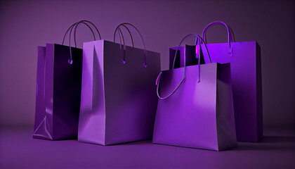 Purple shopping bags no taxt and minimalist background. Mock up of four blank purple shopping bags isolated on purple background, in black friday concept 3d illustration. Ai generated - Powered by Adobe