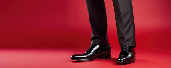 Closeup of men's legs in black pants and black shoes on red background. Copy space