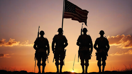 Silhouettes of soldiers returning from war waving an American flag. Generative AI.

 - obrazy, fototapety, plakaty