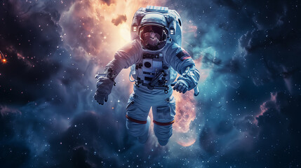 Single astronaut floating in space with dust and stars