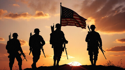 Silhouettes of soldiers returning from war waving an American flag. Generative AI.

