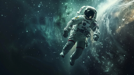 Fototapeta na wymiar Single astronaut floating in space with dust and stars