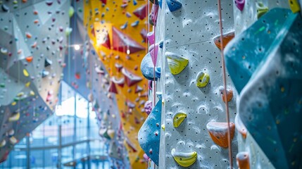 Indoor Rock Climbing on walls made from recycled materials, challenging and creative, in soft background