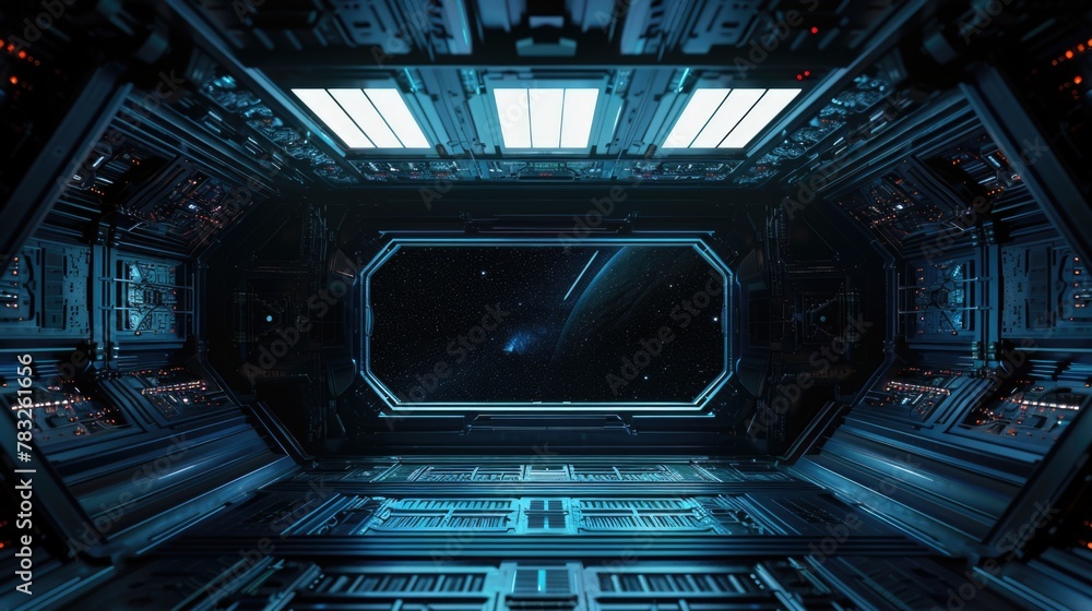 Poster A detailed view inside a space station. Ideal for science and technology concepts