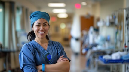 Happy Asian Nurse in Blue Uniform at Hospital.
