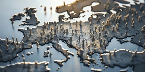 A map of Europe with many small figures representing people standing on it Generative AI - obrazy, fototapety, plakaty
