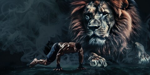 Sinewy Man Maintains Push-Up Position Under Lion's Gaze