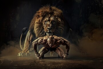 Bodybuilder With LIon In The Background Symbolizing His Strength
