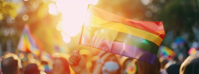person waving rainbow flag at pride parade or festival, lgbt concept with blurred crowd and bokeh background, sunny day