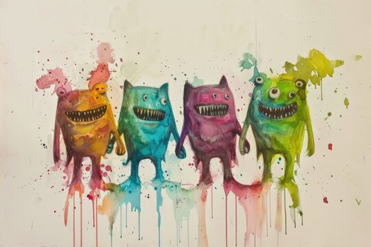 A group of colorful monsters in a painting. Suitable for children's book illustrations