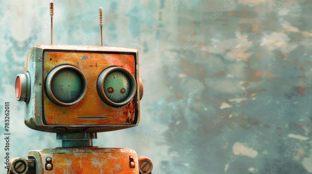 Poster Cute small robot with big eyes sitting in front of a wall. Suitable for technology and robotics concepts